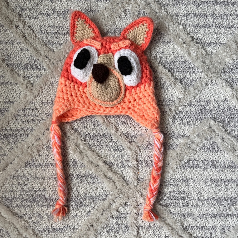 Bingo (Bluey) Handmade Crochet Fox Earflap Beanie - Coral Peach, Youth